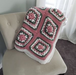 Handmade Crochet Pink Floral Blanket vintage